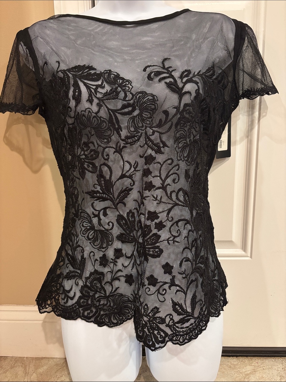 Fate Black Sheer Floral Lace Short Sleeve Top